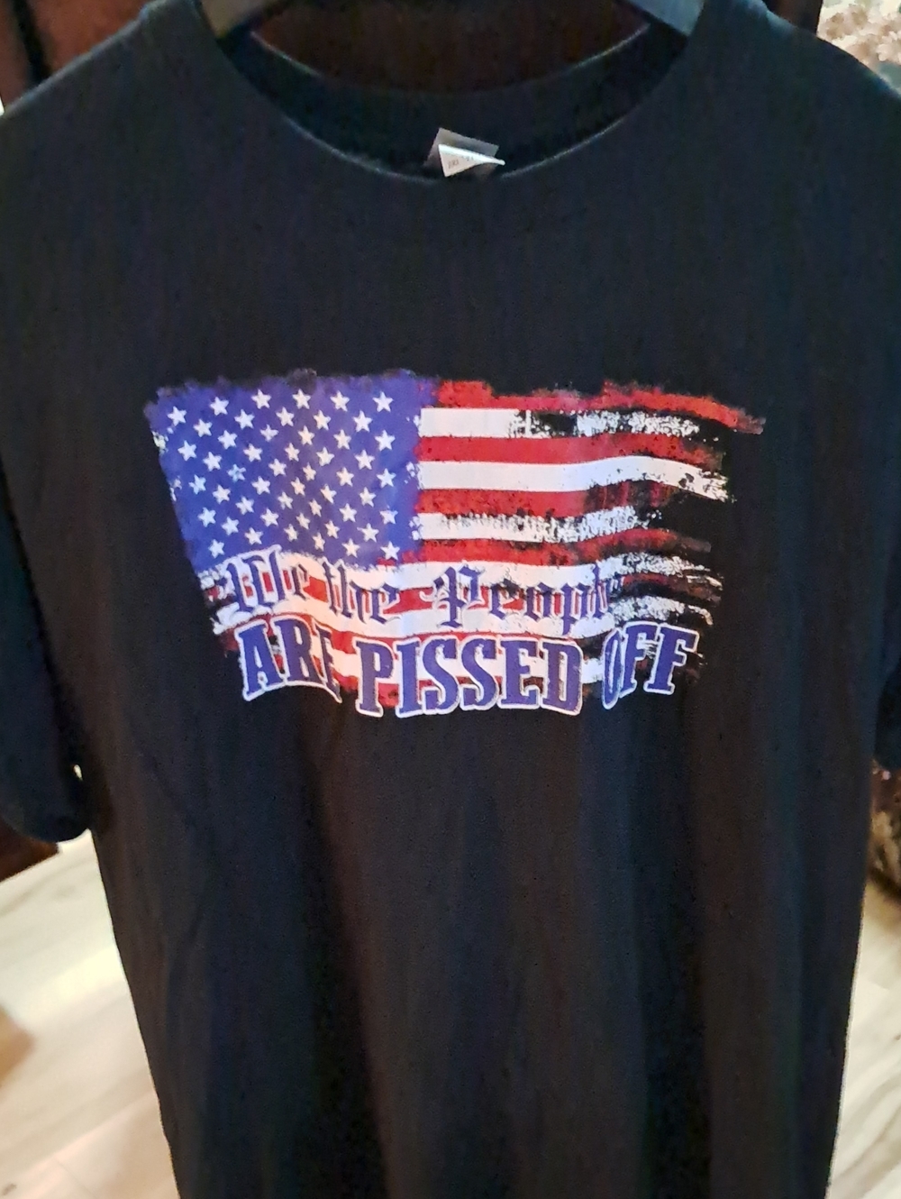 Gildan Black Tee with Distressed Red, White & Blue Flag Graphic
